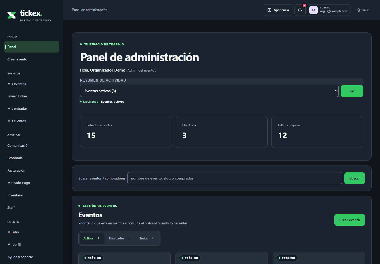 Panel real de Tickex en modo Pulse: navegación, resumen de actividad y gestión de eventos con datos ficticios.